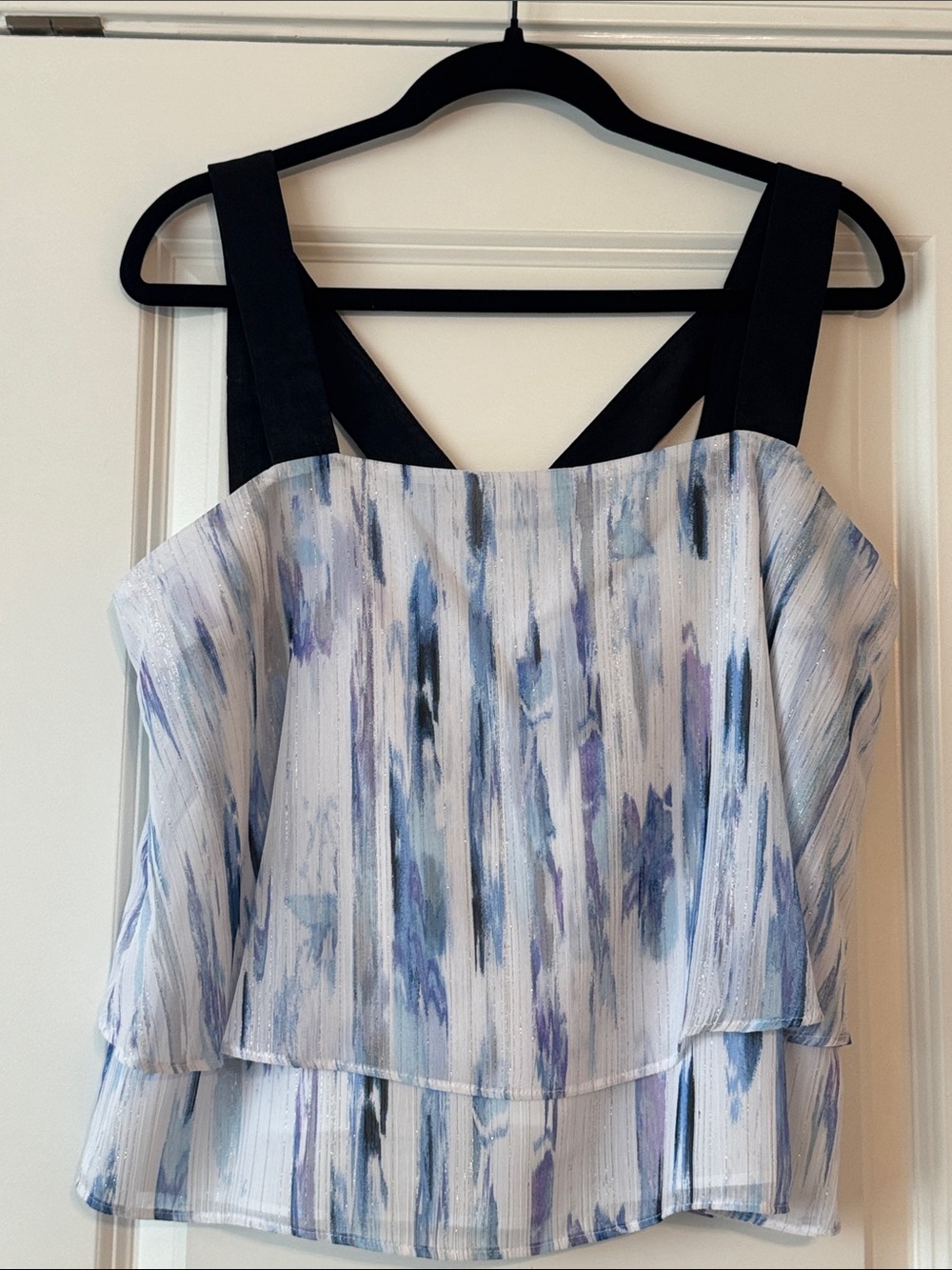 Dkny White and Blue Abstract Layered Camisole with Black Straps